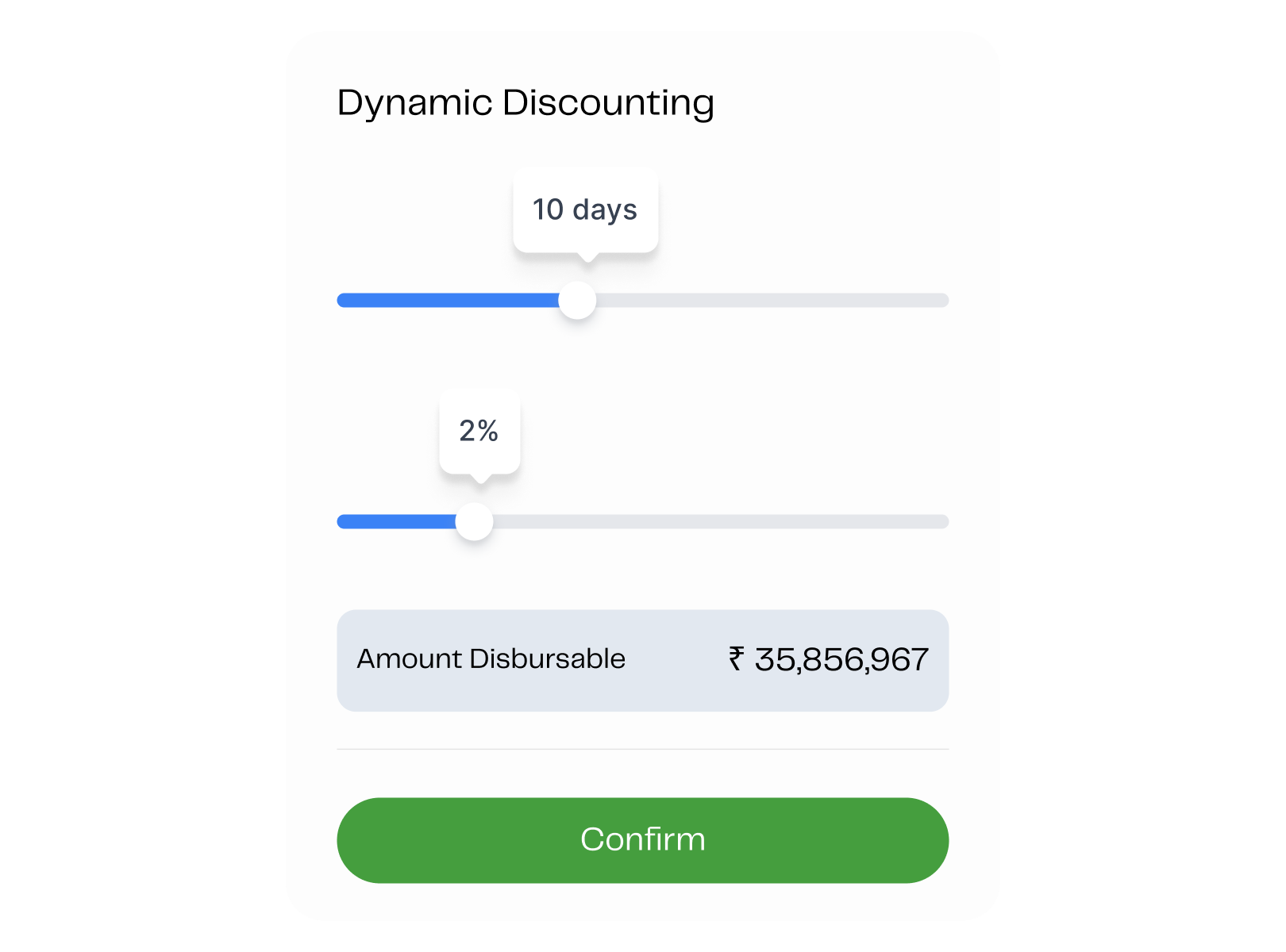 Converj landing page card: Dynamic Discounting sliders for days and percentage with disbursable amount
