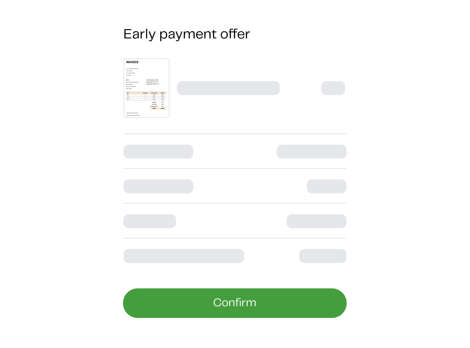 Converj landing page card: Early payment offer with invoice preview and confirm action