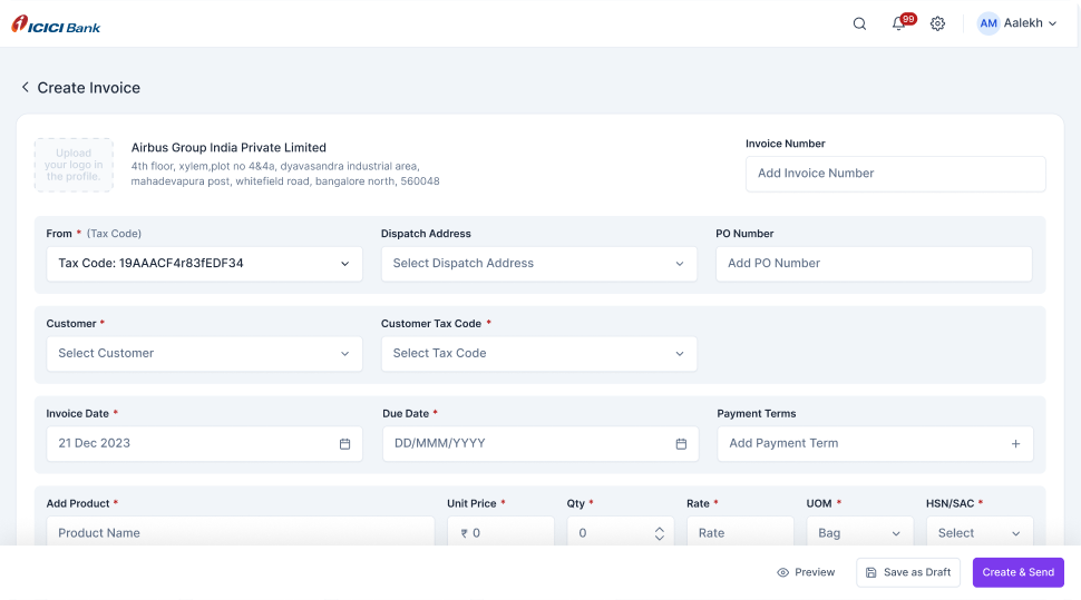 Converj Create Invoice screen with tax code, PO number, dispatch address and line items