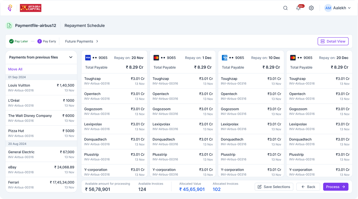 Converj repayment schedule with Pay Later and Pay Early options across upcoming invoices