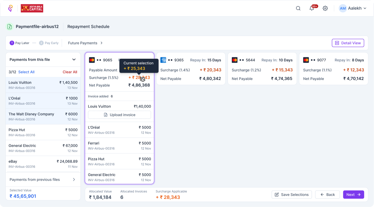 Converj repayment option with surcharge amount shown inline on hover