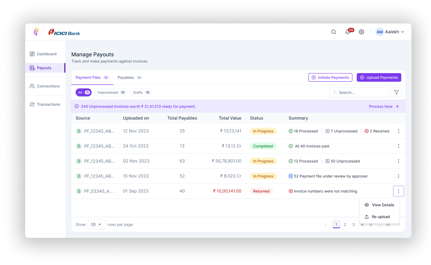 Converj Manage Payouts screen listing payment files with in progress, completed and returned status