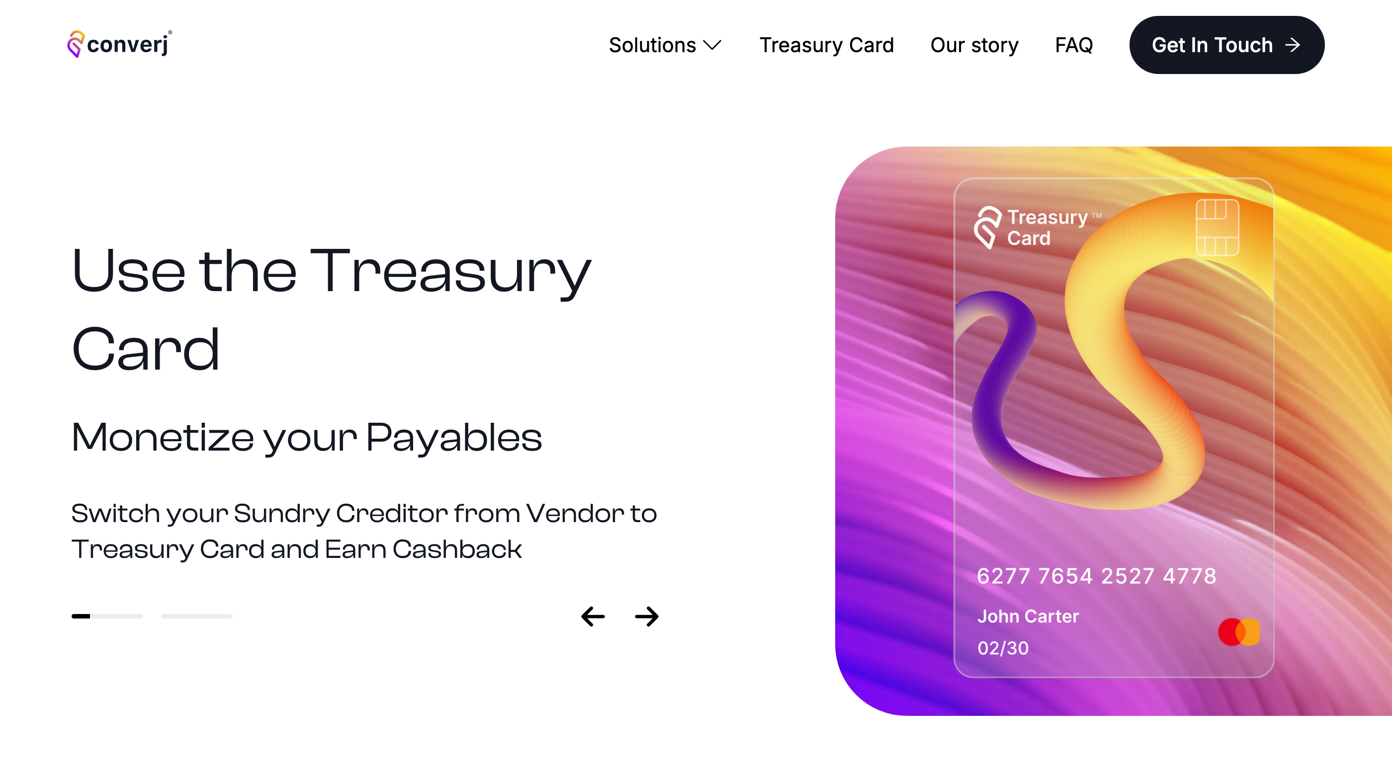 Converj marketing site: Use the Treasury Card, monetize your payables