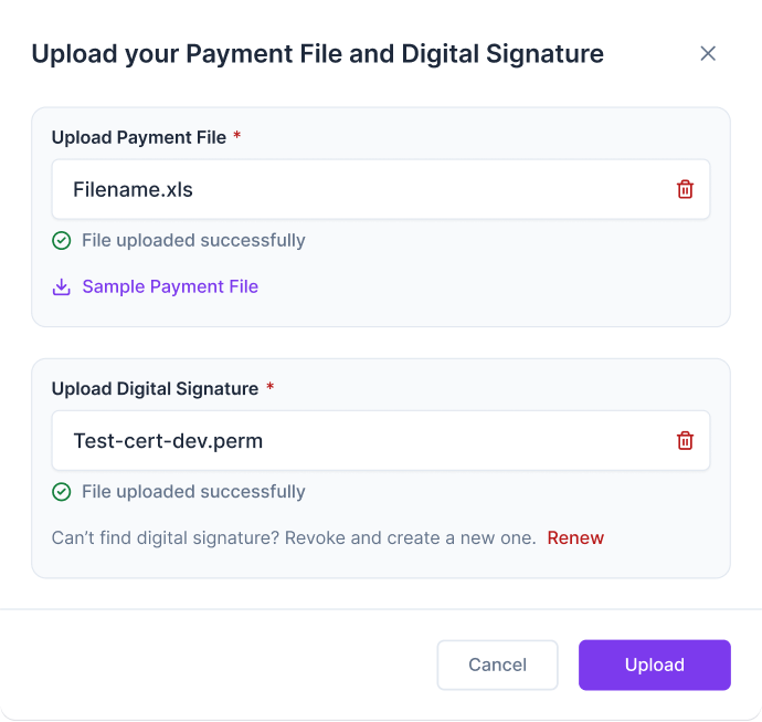 Upload payment file and digital signature modal with success confirmation