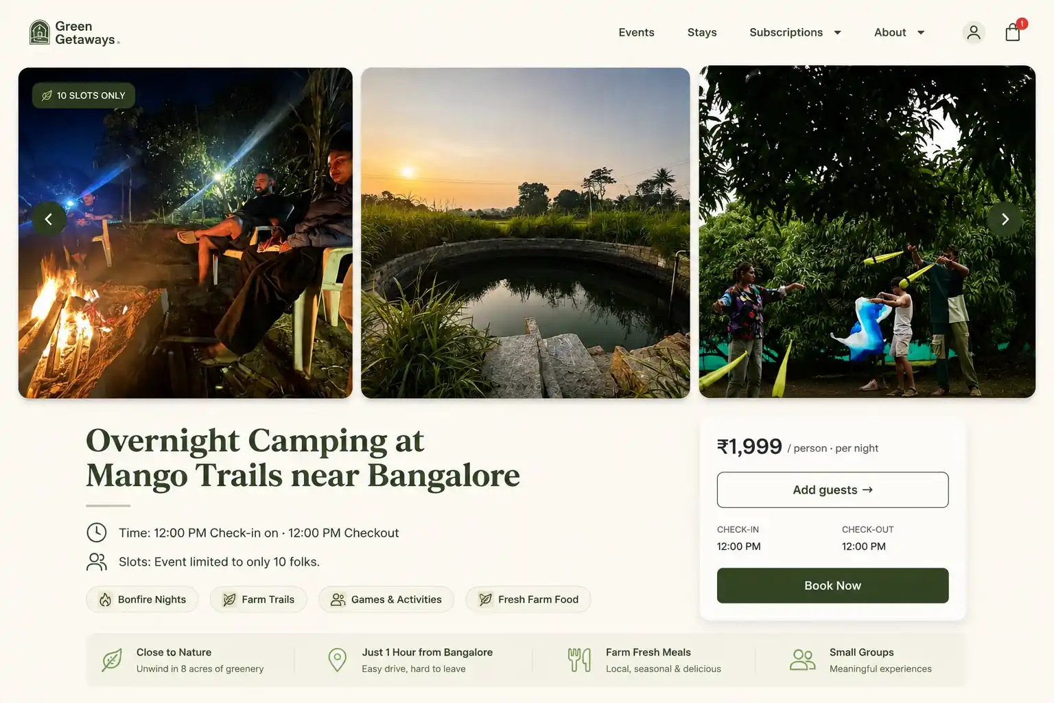 Green Getaways listing page: photo gallery, experience details, and the live booking widget