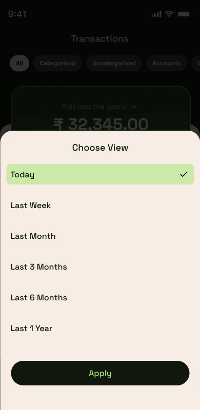 Choose view bottom sheet with Today, Last week, Last month options