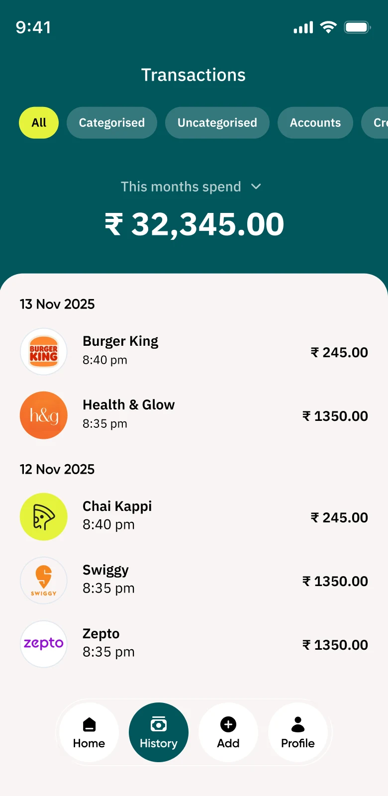 Early exploration: mint gradient transactions screen with emoji category icons
