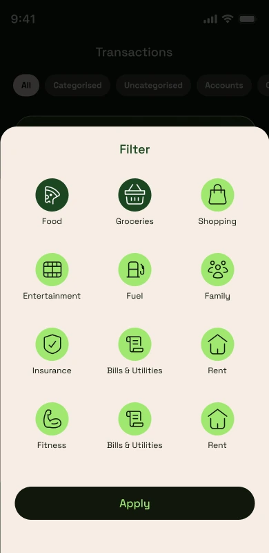 Filter bottom sheet with twelve spend categories
