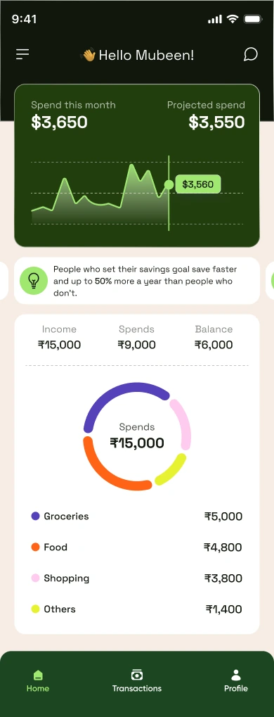 Home dashboard with spend this month, projected spend, income/spend/balance and category breakdown