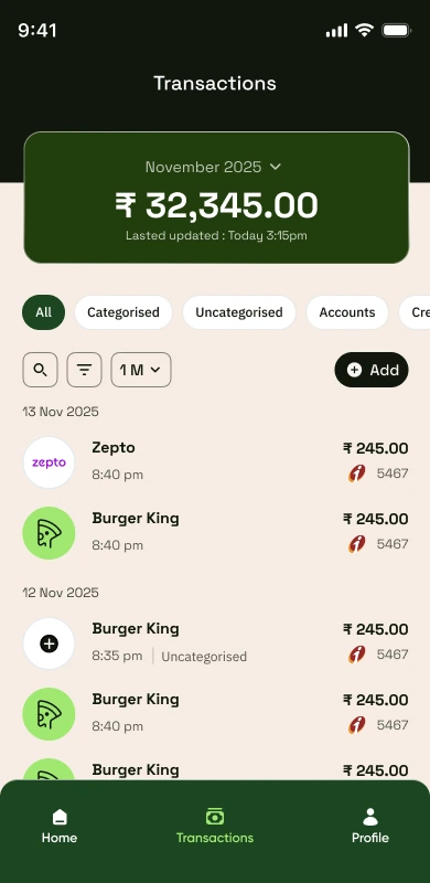 Transactions listing grouped by day