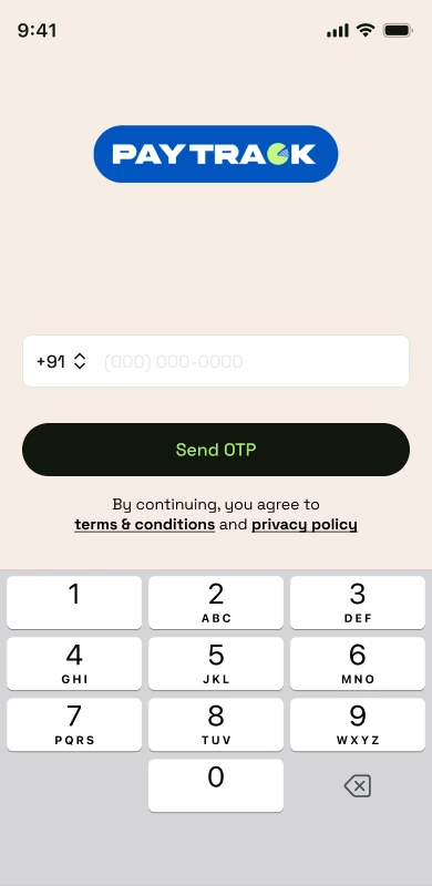 Login screen: mobile number entry with Send OTP button