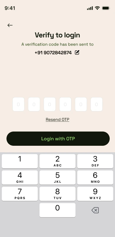OTP verification screen with Resend OTP link active