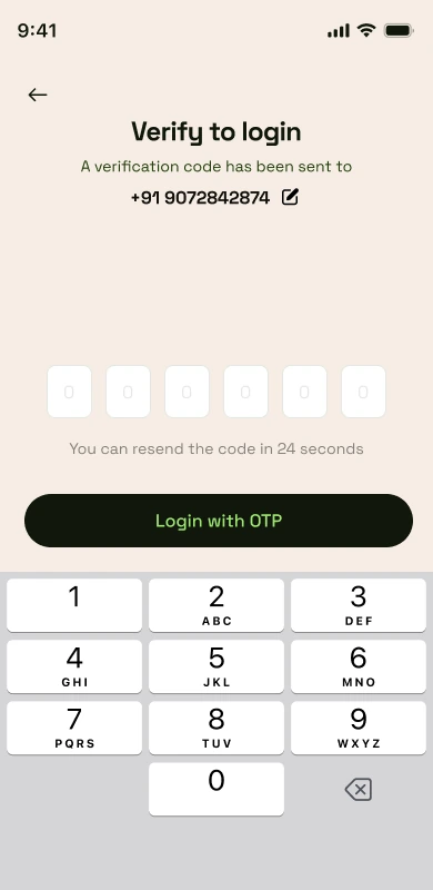 OTP verification screen with 24 second resend cooldown