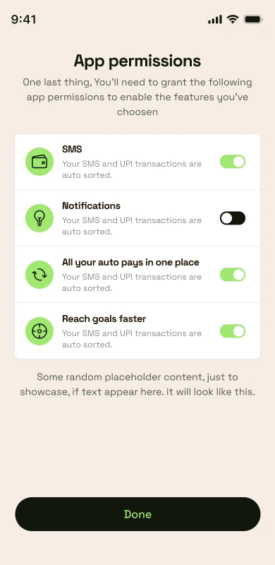 App permissions screen with toggles for SMS, notifications and more