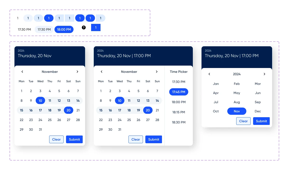 Pelagos calendar, date and time picker variants