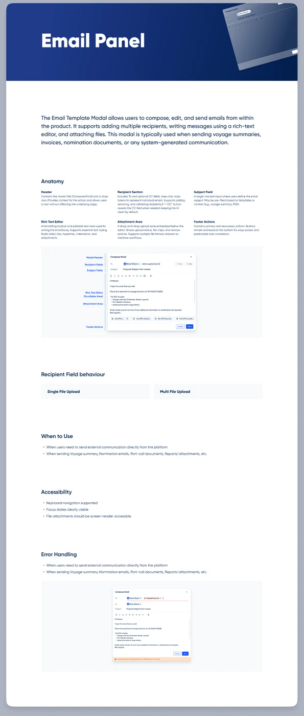 Pelagos email compose panel with validation error state
