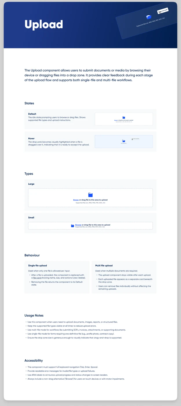 Pelagos upload component states and accessibility notes